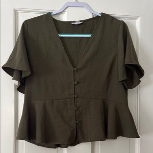 Topshop Olive Green Flutter Sleeve Peplum Blouse